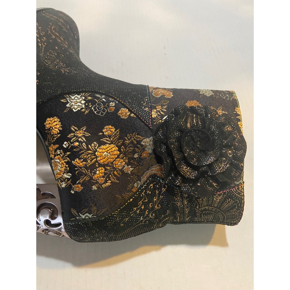 L'Artiste Spring Step Floral Embroidered Filigree Heel Ankle Boots Black Gold - Picture 7 of 10